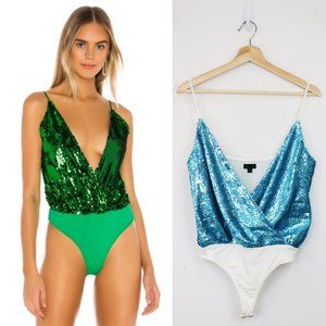 NBD Labyrinth Bodysuit Sequin Embellished Sleeveless Surplice V-Neck Thong Blue